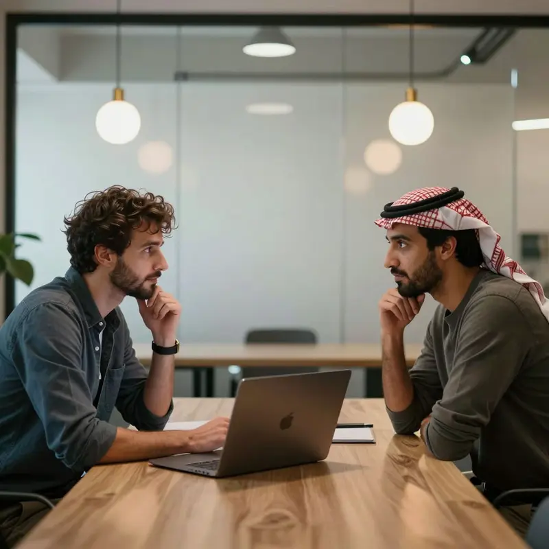 Two developers quietly discuss complex design decisions instead of simple coding tasks.