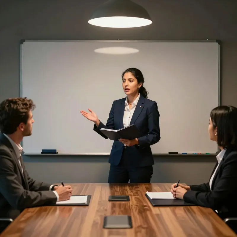 An HR manager leads a focused discussion on telework risks in a low-lit meeting room.