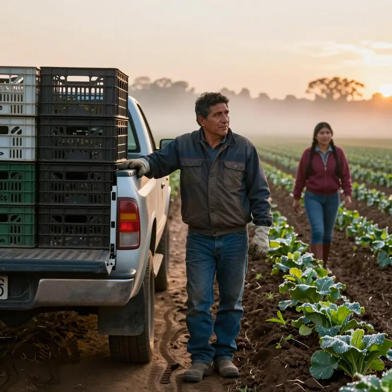 Farm workers start their day at sunrise, highlighting the financial pressure of labor-intensive work.