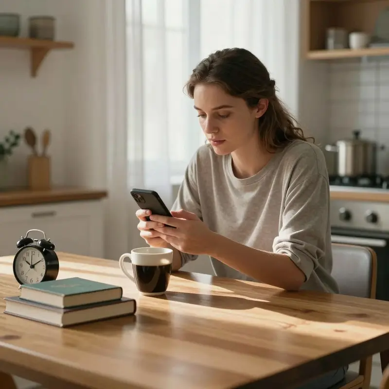A woman at a kitchen table balances a quick phone check with books and a steady morning routine.