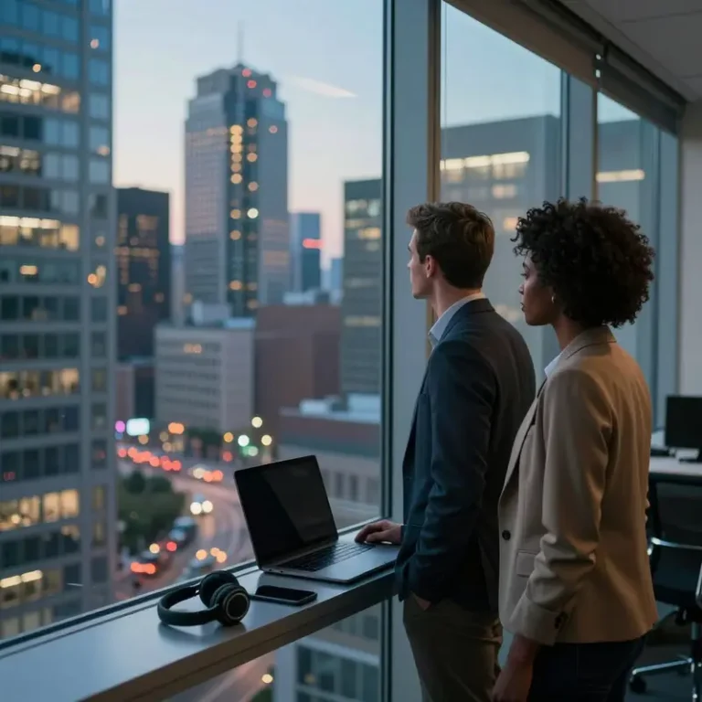 Two CRM specialists stand at a window above a city at dusk beside a dark laptop, symbolizing how Einstein 2.0 predictive flows reshape CRM control.