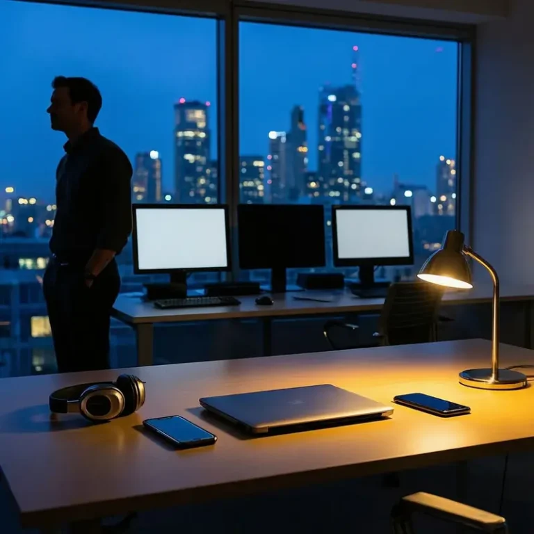 A person stands by an office window at night with dark workstations behind them, reflecting on the enshittification of AI products.