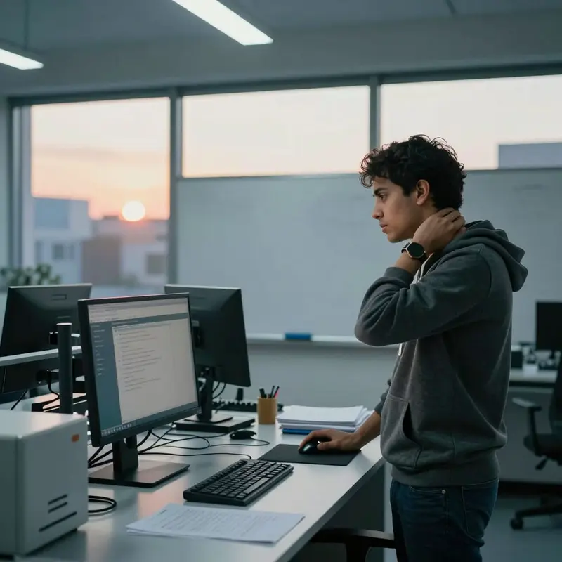 A developer stands in a lab at sunset, exhausted after another long debugging session.