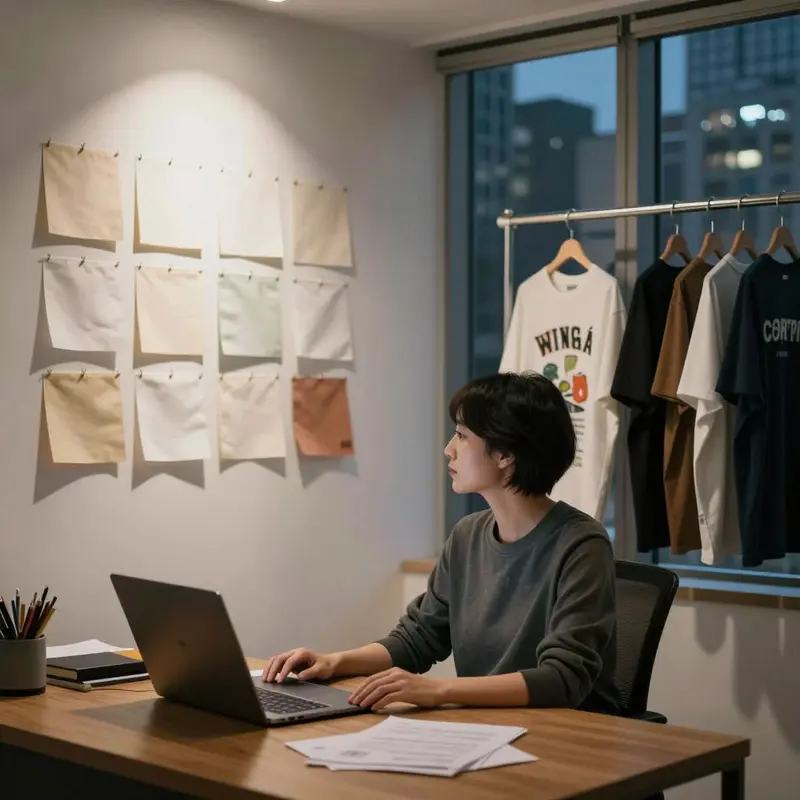 A fashion manager reviews a curated rail of meme and vintage tees in a nighttime office.