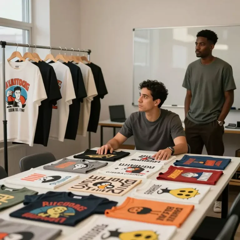 Fashion managers examining an assortment of meme and vintage graphic tee trend pieces laid out on a large table.