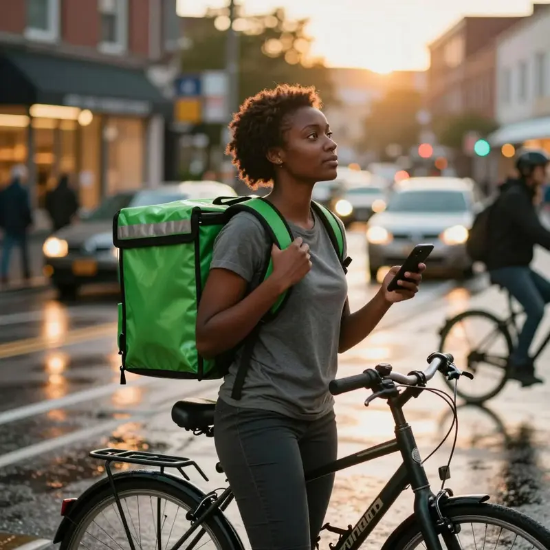 Food delivery rider waits on a city street between app orders during a summer evening shift.