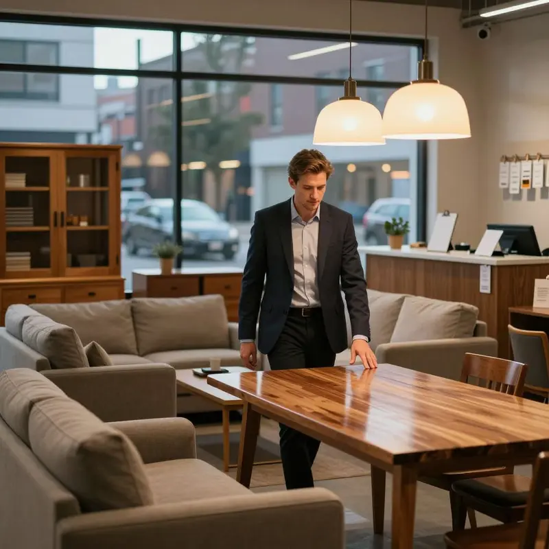 Store manager walking through a showroom of wooden furniture as evening light highlights the products on the sales floor.