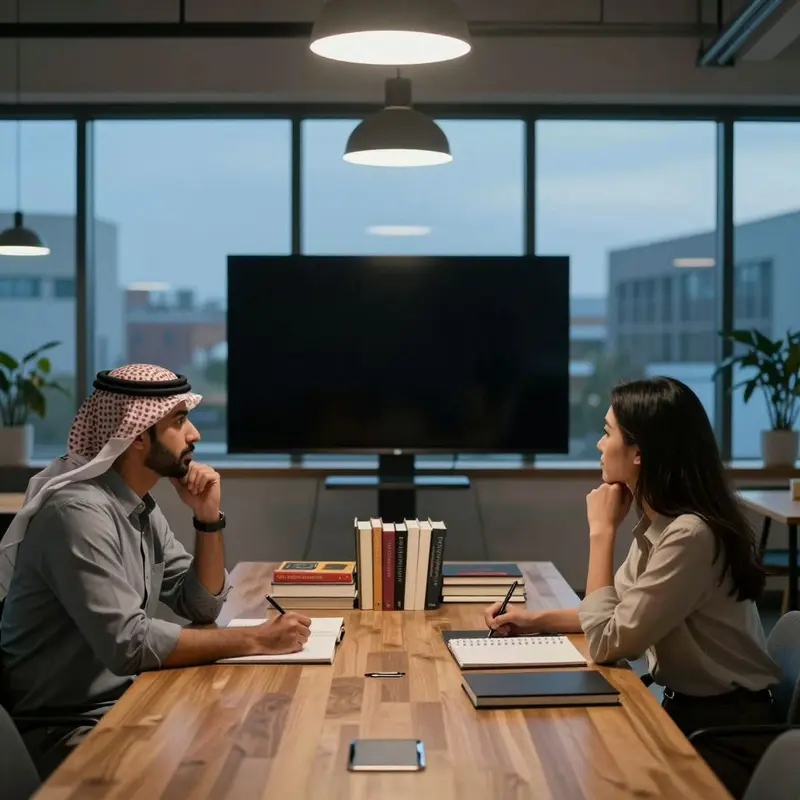 Two colleagues sit in a modern workspace, pausing in front of a dark screen with books nearby.