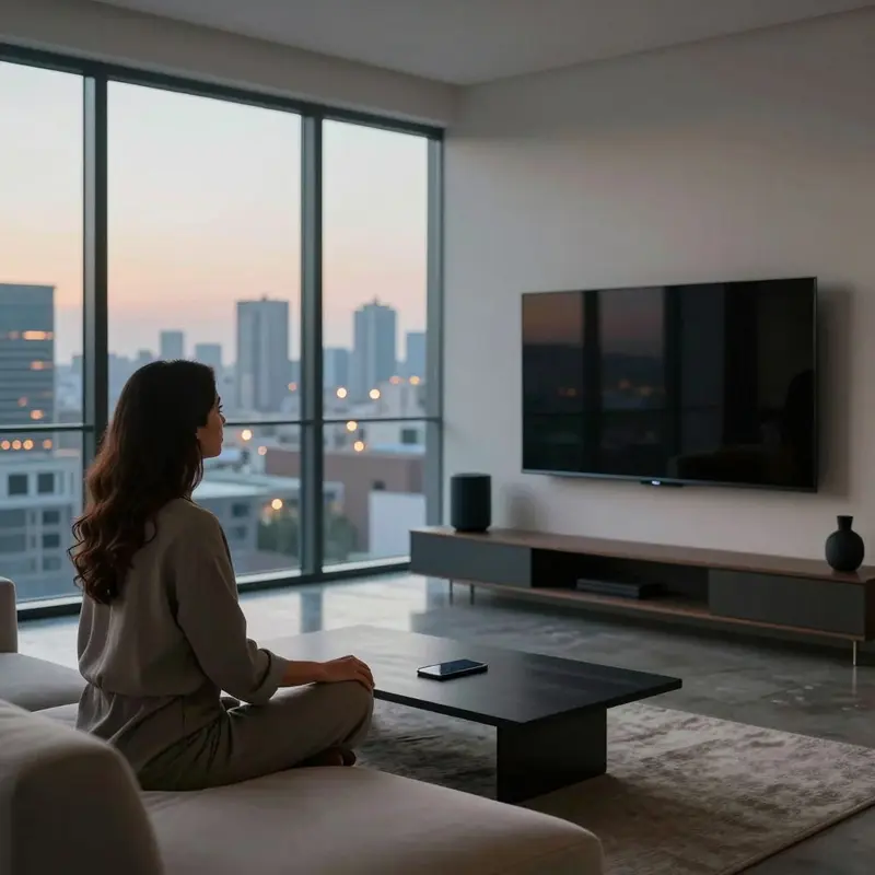 A woman relaxes in a minimalist apartment with devices powered down, highlighting tech restraint as a future status symbol.