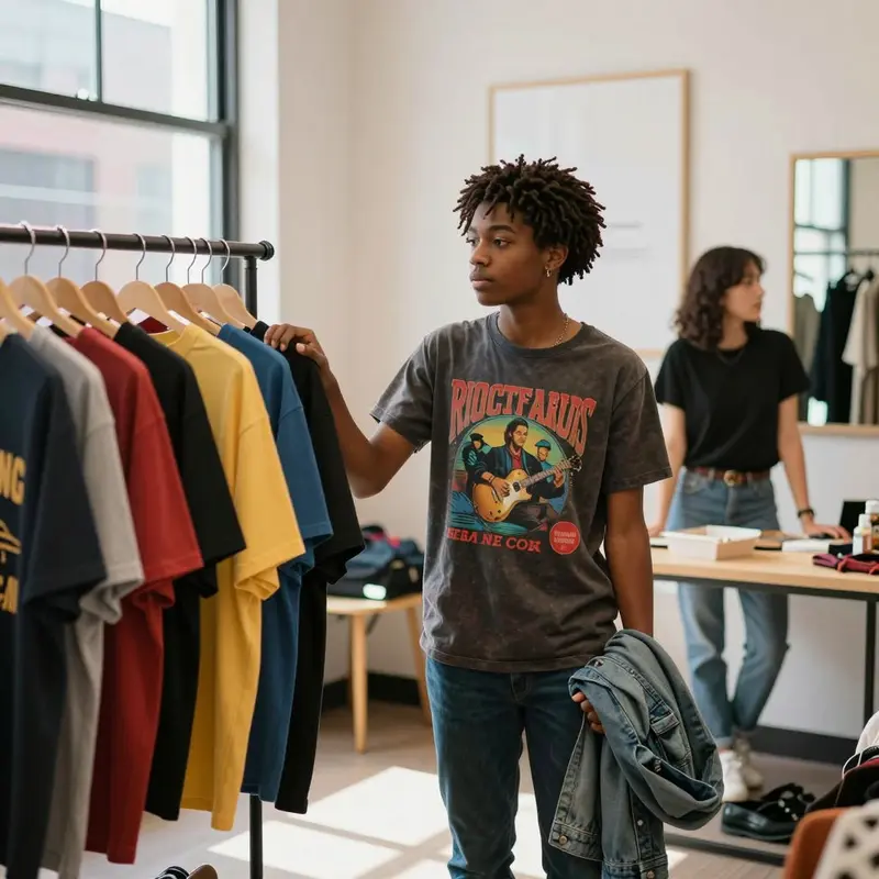 Young shoppers browse meme and vintage tees in a sunlit boutique.