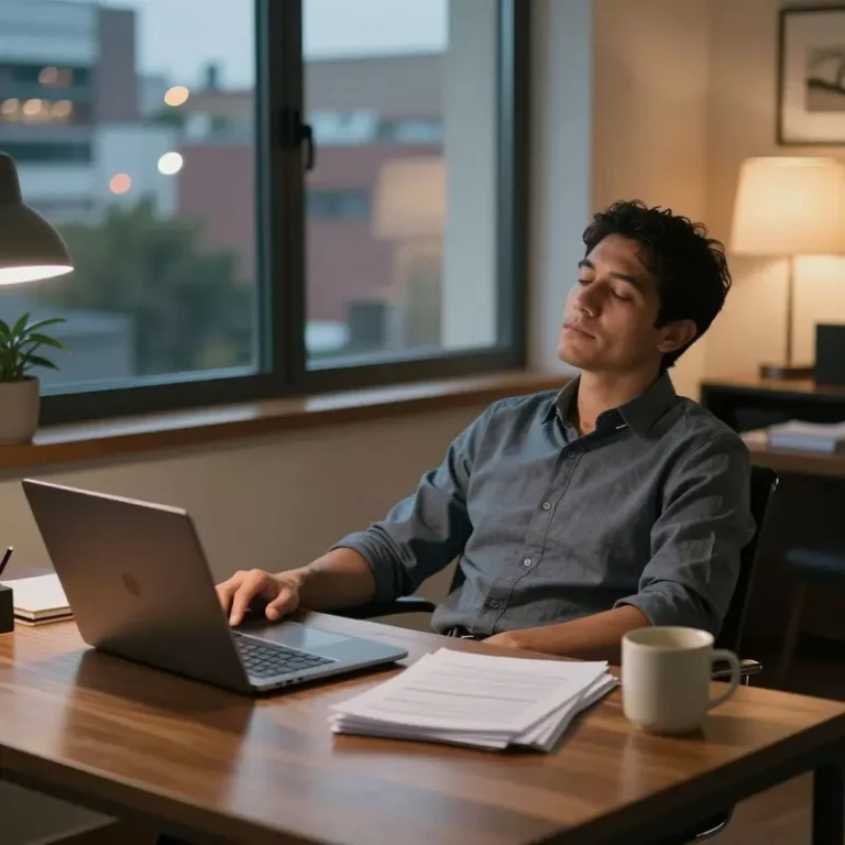 Midcareer professional in a calm home office relaxing after organizing finances with a good enough budgeting approach.
