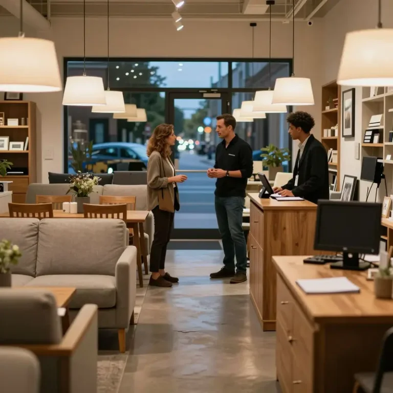 Home decor retailers in a furniture showroom reviewing displays as they prepare for the furniture tariff exemption 2026 changes.
