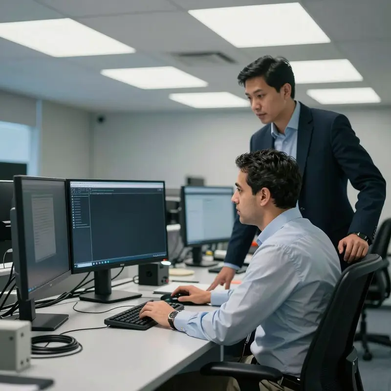 HR technologists coordinate in an operations center to automate telework compliance processes.