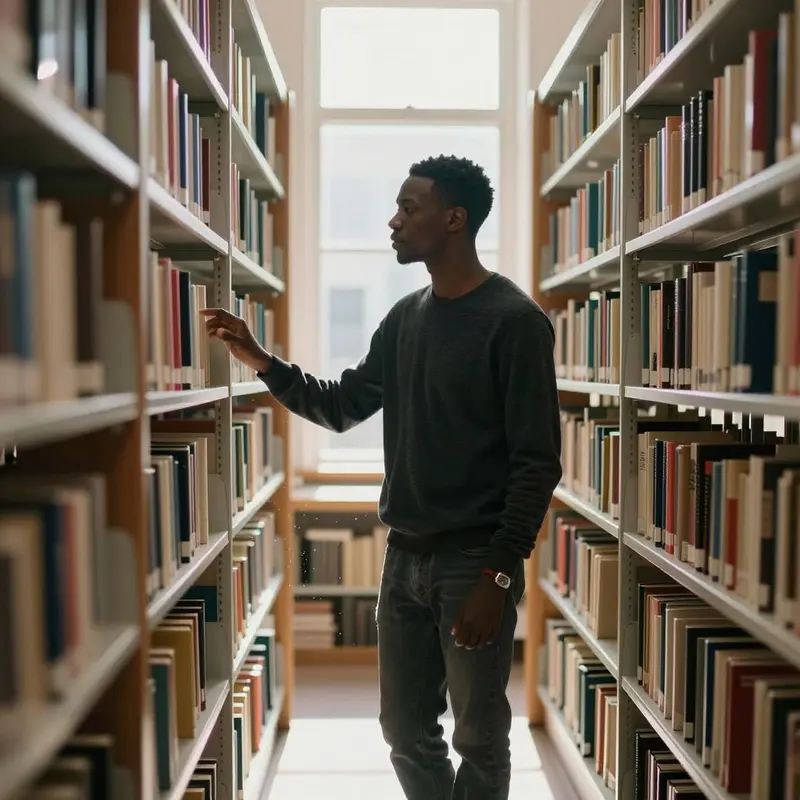 A man strolls between tall library shelves, calmly browsing a wide range of books.