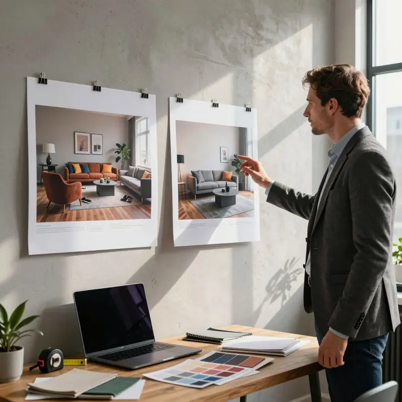 An interior design manager evaluates printed room scenes to identify workflow slowdowns in visualization work.