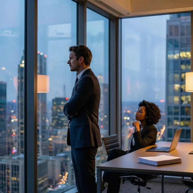 Leaders in a high-rise office reflect on the shifting balance between AI growth and value extraction.