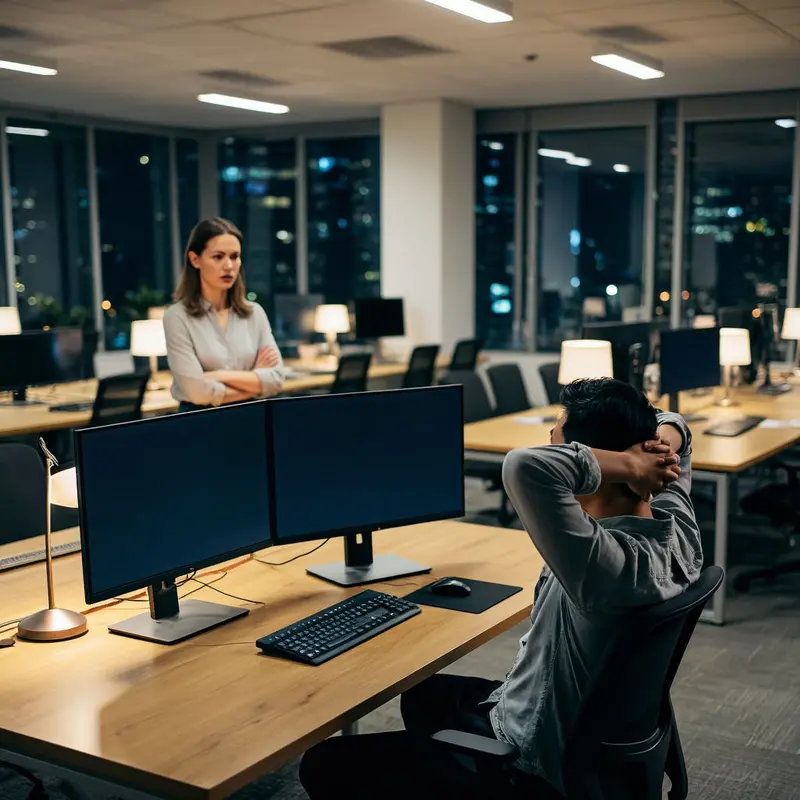 Team members study dark monitors late at night, sensing unseen changes in how big platforms shape AI behavior.