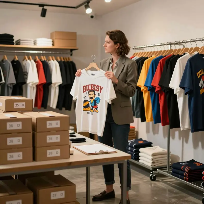 A fashion manager examines fast-moving meme and vintage tees in a well-organized stockroom.