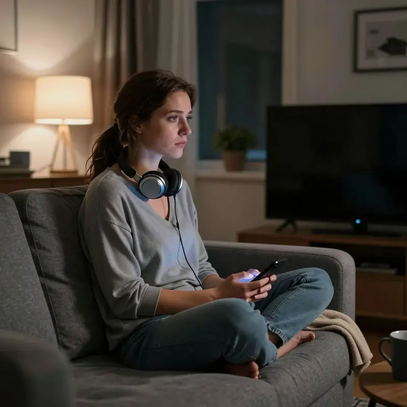 Exhausted woman staring past her meditation app, sensing it is no longer helping her unwind.