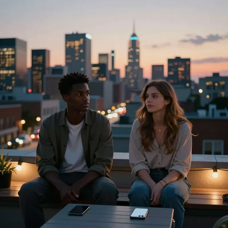 Two people sit on a rooftop at sunset with phones set aside, enjoying an offline-first lifestyle above the glowing city below.