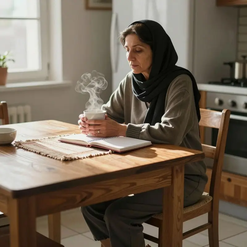 Woman holds a warm mug at a kitchen table, settling into a simple offline ritual before her day begins.