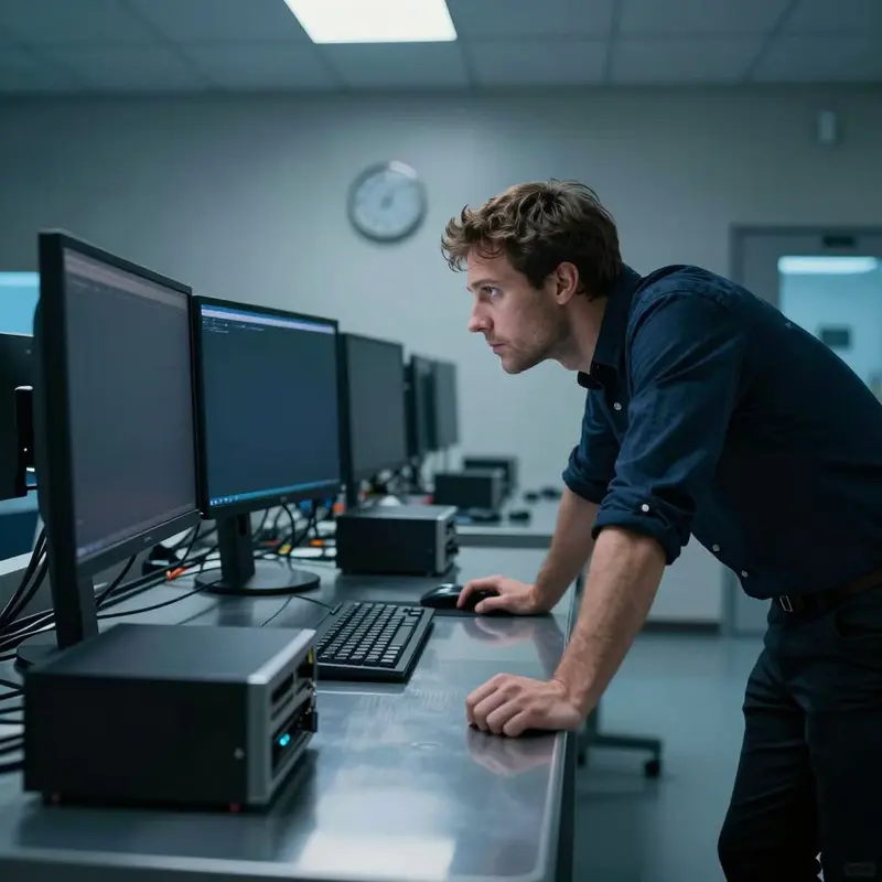 An operations specialist monitors a quiet control room, focused on system performance under pressure.