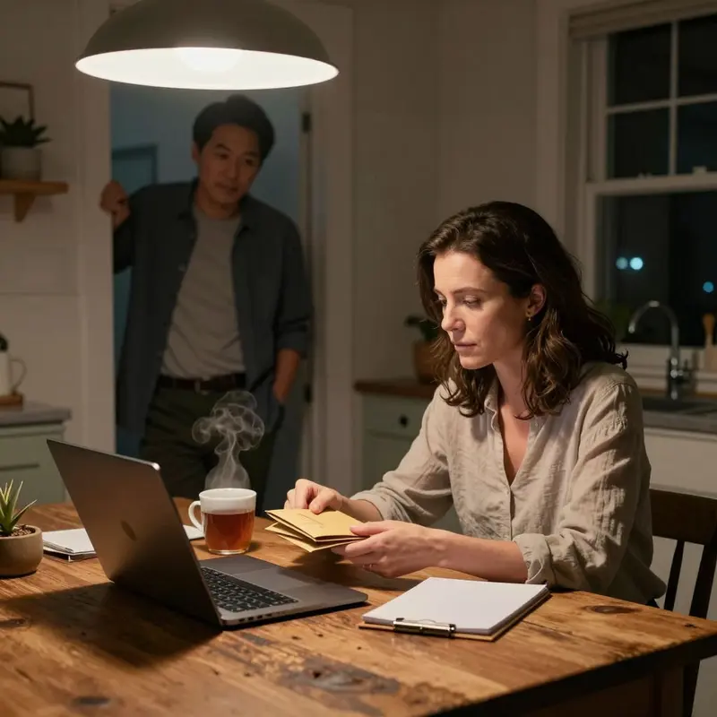 A couple quietly reviews household finances at a kitchen table under warm evening light.