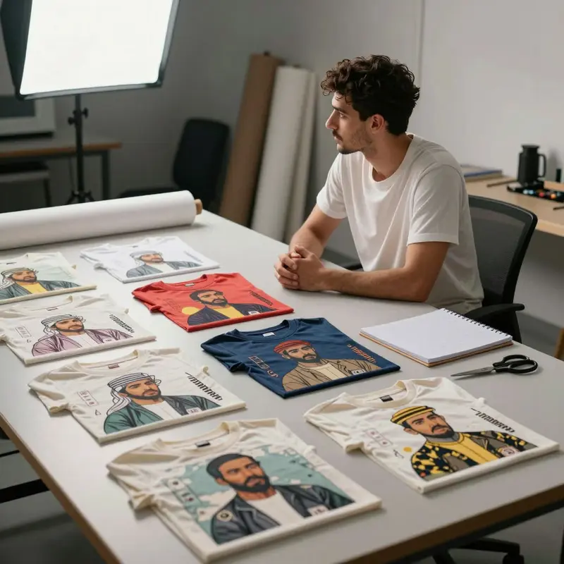 A designer evaluates standardized meme and vintage tee samples in a production studio.