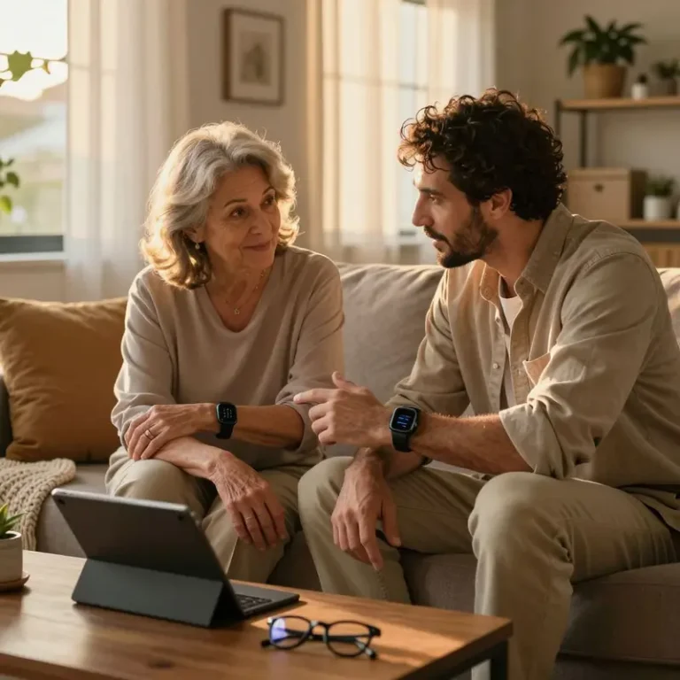 Older couple wearing health wearables in a cozy living room while a younger designer talks with them, illustrating redesigned wearable health habits for seniors.