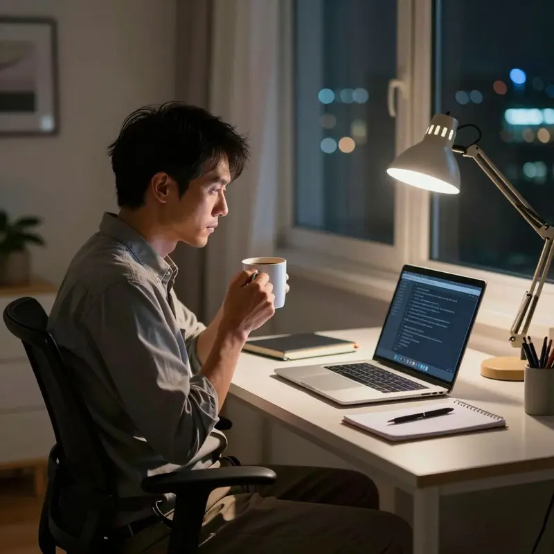 Freelancer reflects at a home desk during a late-night work session managing online service projects.