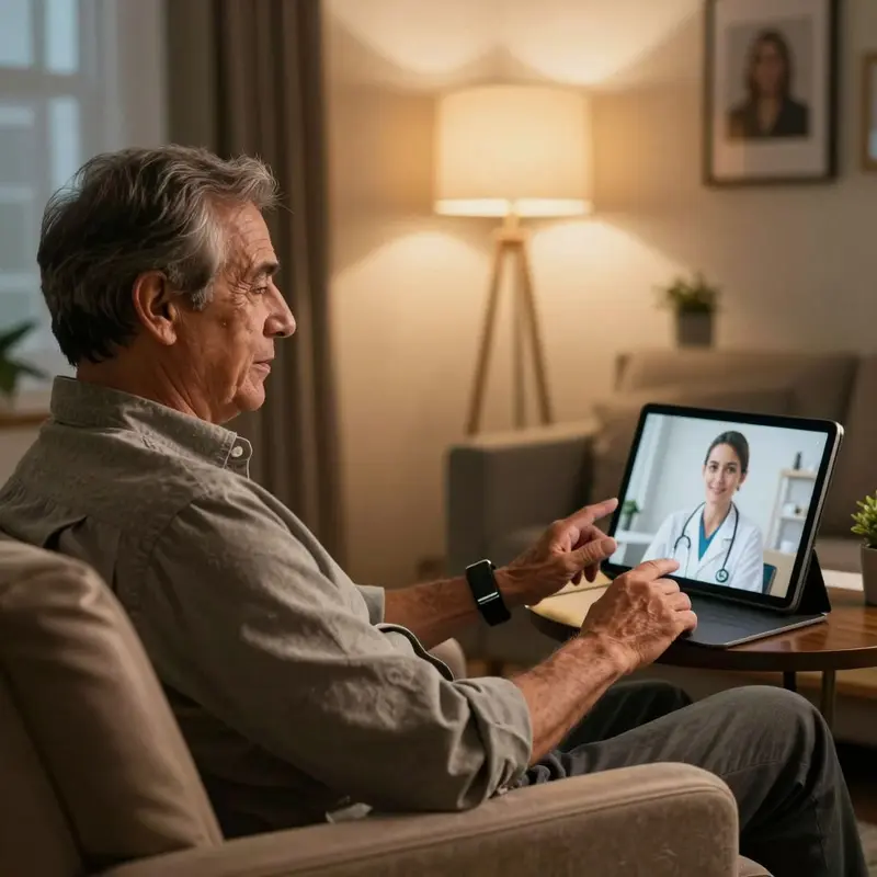 Senior man adjusts his wrist wearable during a calm telehealth session at home.