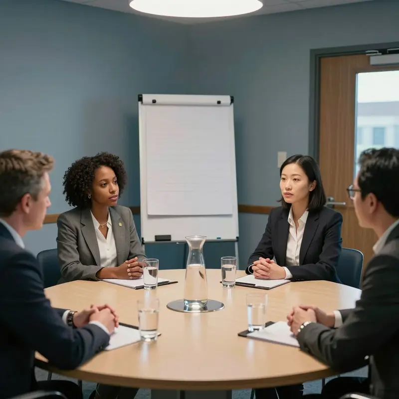 HR and stakeholder representatives meet calmly to resolve telework backlash through structured dialogue.