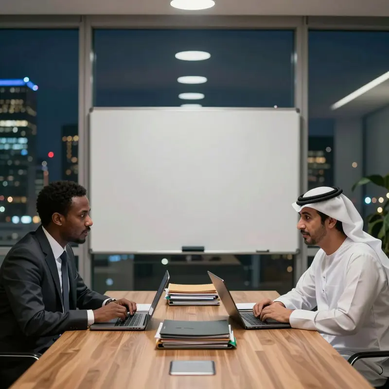 Retail executive and attorney in a glass-walled conference room discussing upcoming tariff risks.