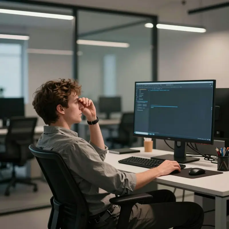 An engineer stays late in an open office, weighed down by unseen review backlog.