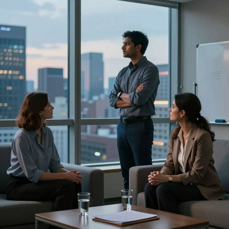 Two professionals quietly weigh trade-offs in a city office at twilight.