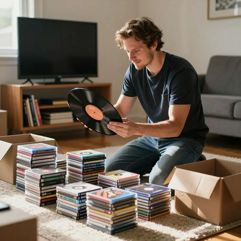 Man sorts old DVDs and vinyl records into boxes to sell online for extra summer cash.