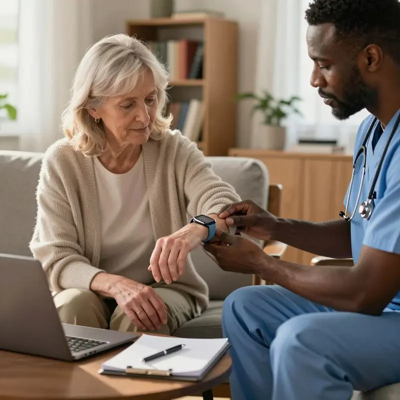 Clinician checks the fit of a senior woman’s smartwatch in a calm home setting.