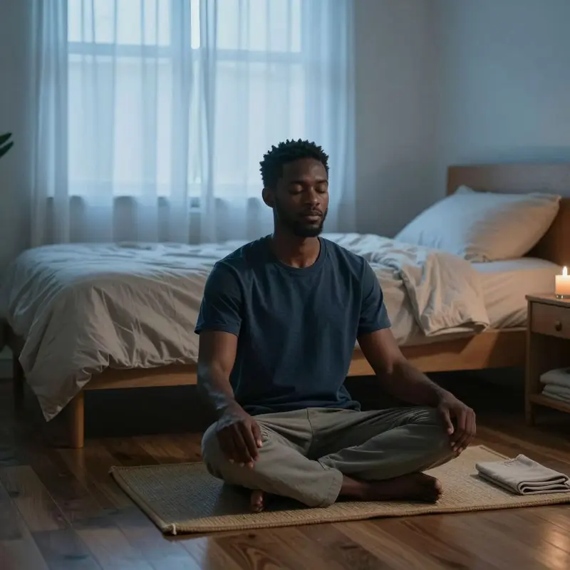 Man sits quietly on a mat at dawn, beginning a seven-day unguided silence meditation challenge.