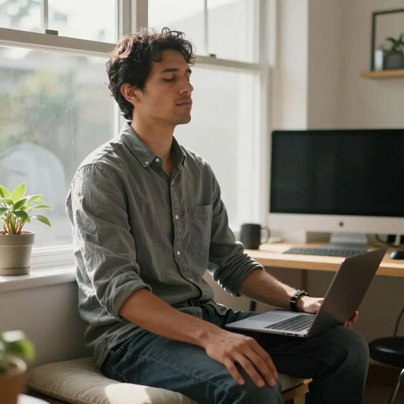 Man pauses beside his desk with eyes closed, trusting his own body instead of a meditation app.