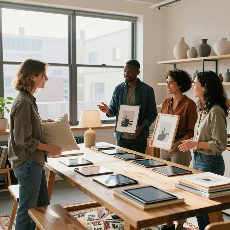 A studio team gathers around a table of decor elements to decide who benefits most from using Decorify.