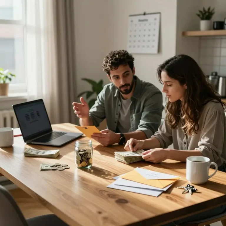 Couple at a sunny kitchen table organizing cash and envelopes as part of a practical summer spending checklist.