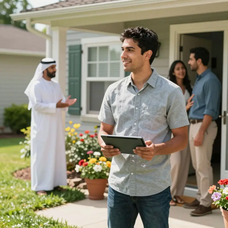 Summer sales representative speaks with homeowners on a sunny afternoon doorstep visit.