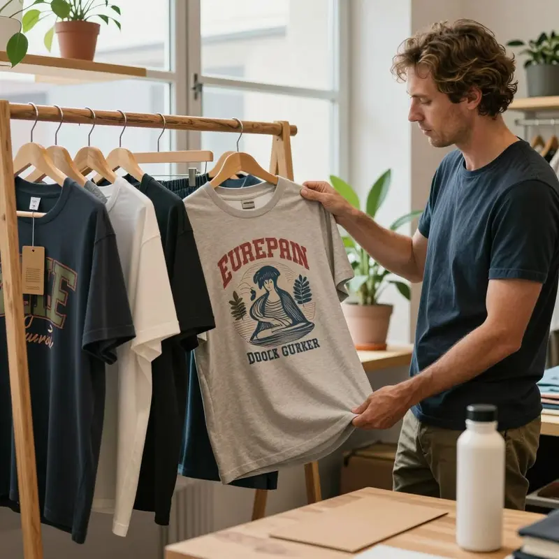 A merchandising manager inspects eco-conscious meme and vintage tees in a plant-filled showroom.