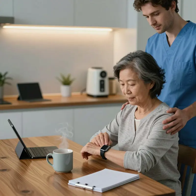 Older woman fastens her fitness watch at the kitchen table with a supportive caregiver nearby.