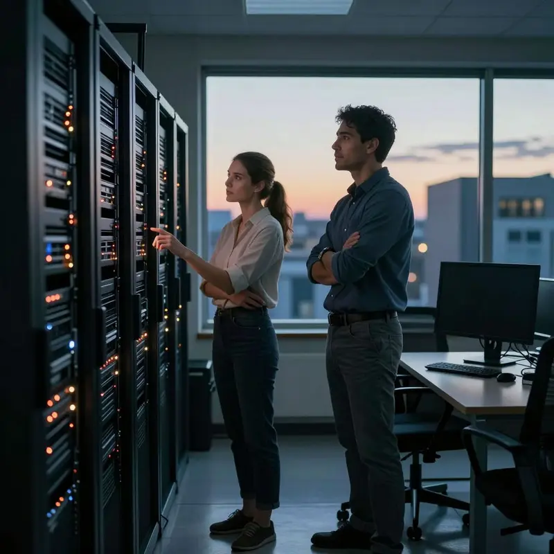 Two admins observe server hardware as they consider growing control issues in automated systems.