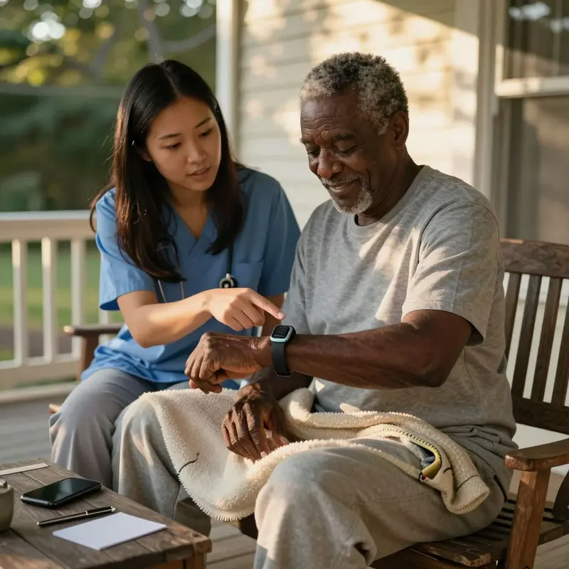 Senior man casually checks his health band while a younger woman gestures toward his wrist on a sunny porch.