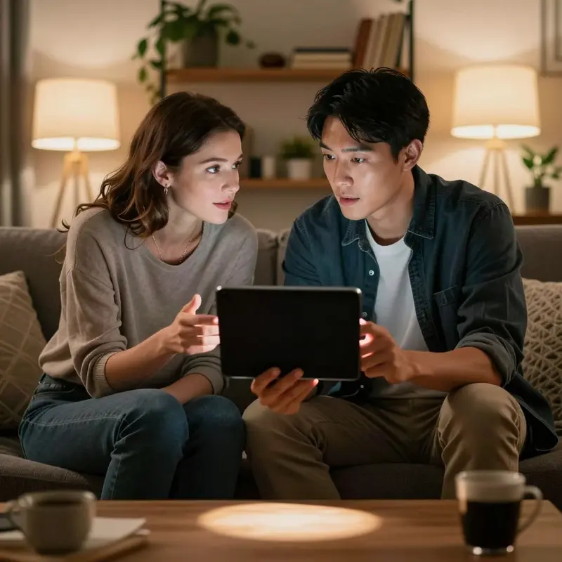 Two colleagues discuss how customers experience AI-driven predictions in a relaxed lounge.