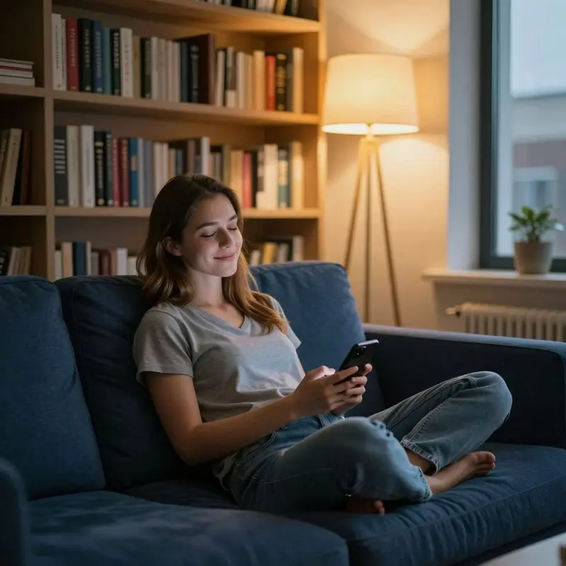 A woman relaxes away from her phone, framed by warm bookshelves and soft evening light.