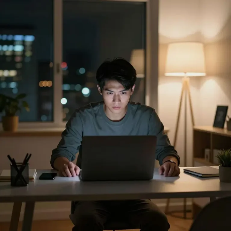 Man at a desk at night with laptop and phone, carefully checking AI assistant memory opt out to prevent personal data exposure.