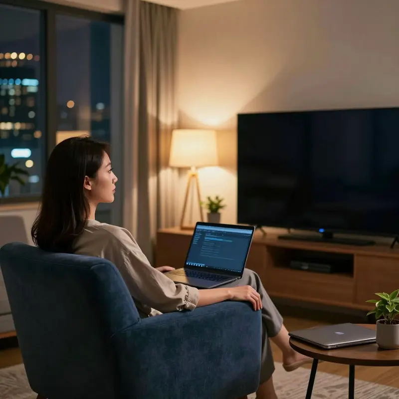 A woman sits back in an armchair at night, surrounded by soft light and idle devices.